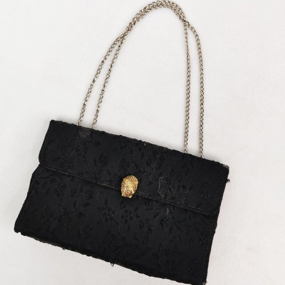 Vintage 1960s MOD Black Brocade Evening Bag Envelope Purse Gold Chain Strap Gem - Picture 1 of 9